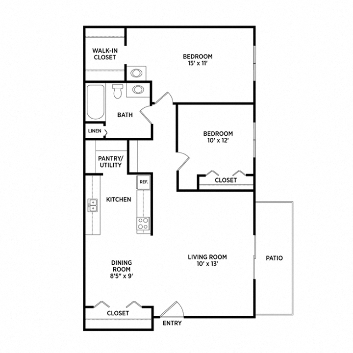 Floor plan for 2 beds, 1 bath, 850 sqft